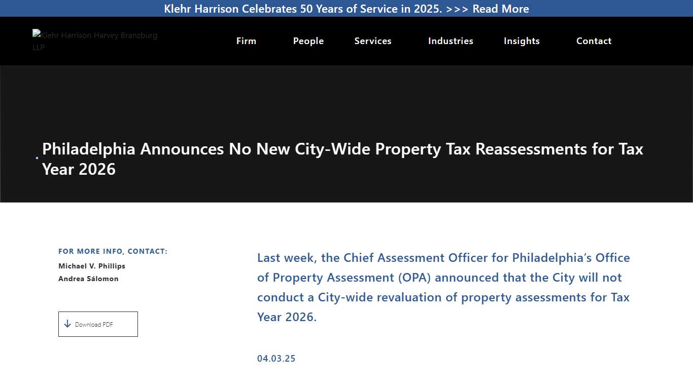 Philadelphia Announces No New City-Wide Property Tax Reassessments for Tax Year 2026 - Klehr Harrison Harvey Branzburg LLP